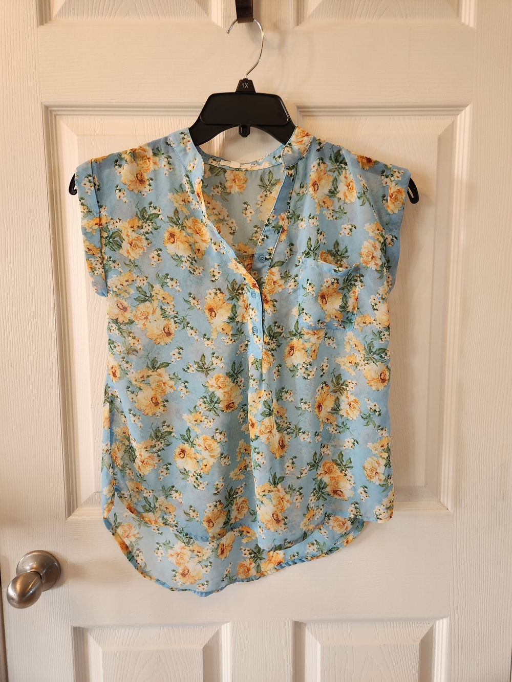 Mine Brand Light Blue Floral Sheer Blouse, Size Small
